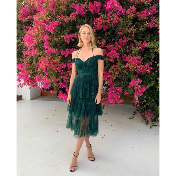 Self-Portrait Green Off Shoulder Fine Lace Dress - Picture 6 of 15